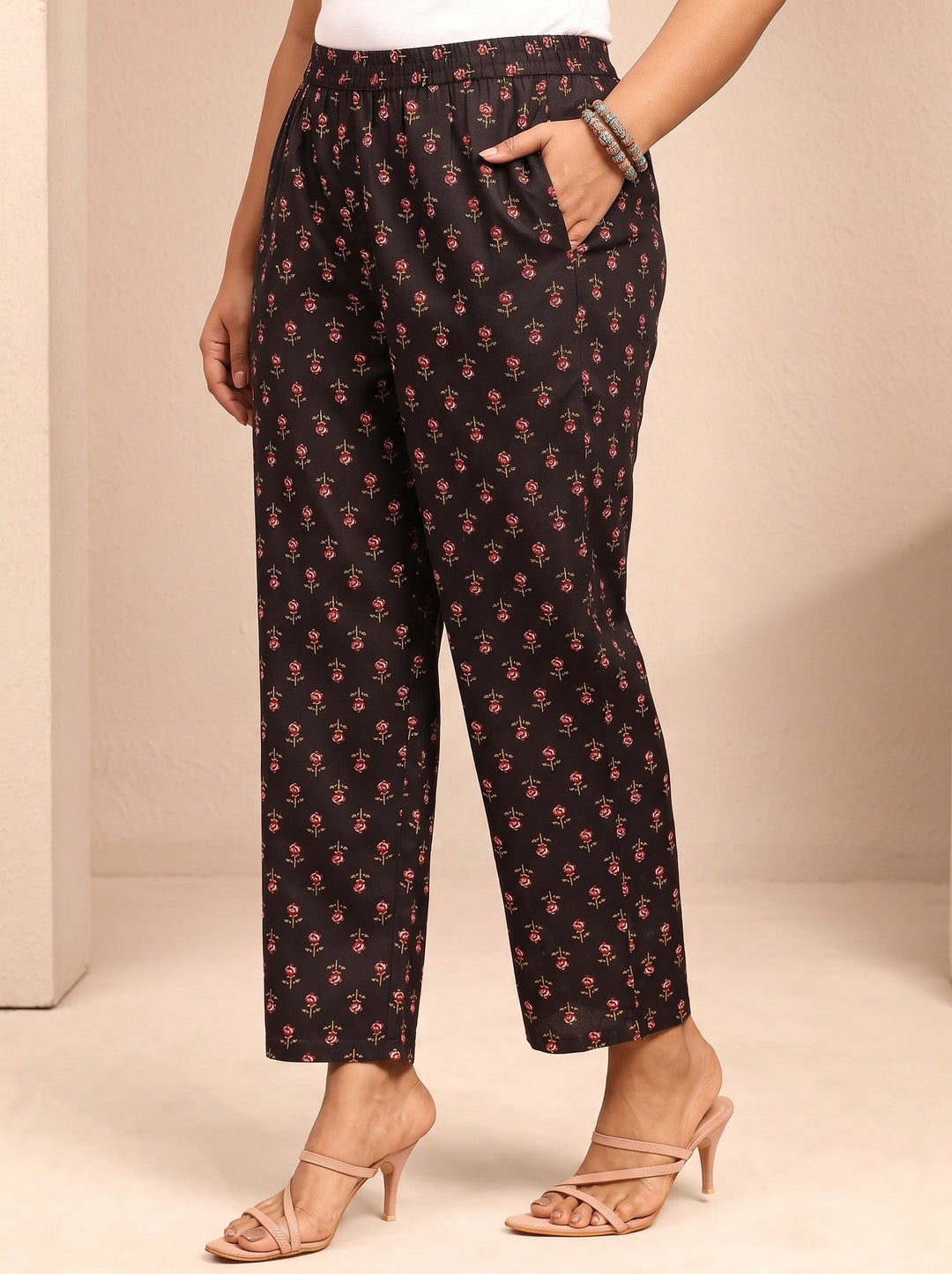 Plus Size Black Printed Cotton Blend Straight Suit Set With Dupatta