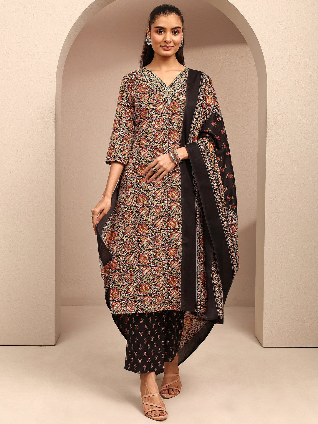 Black Printed Cotton Blend Straight Suit Set With Dupatta