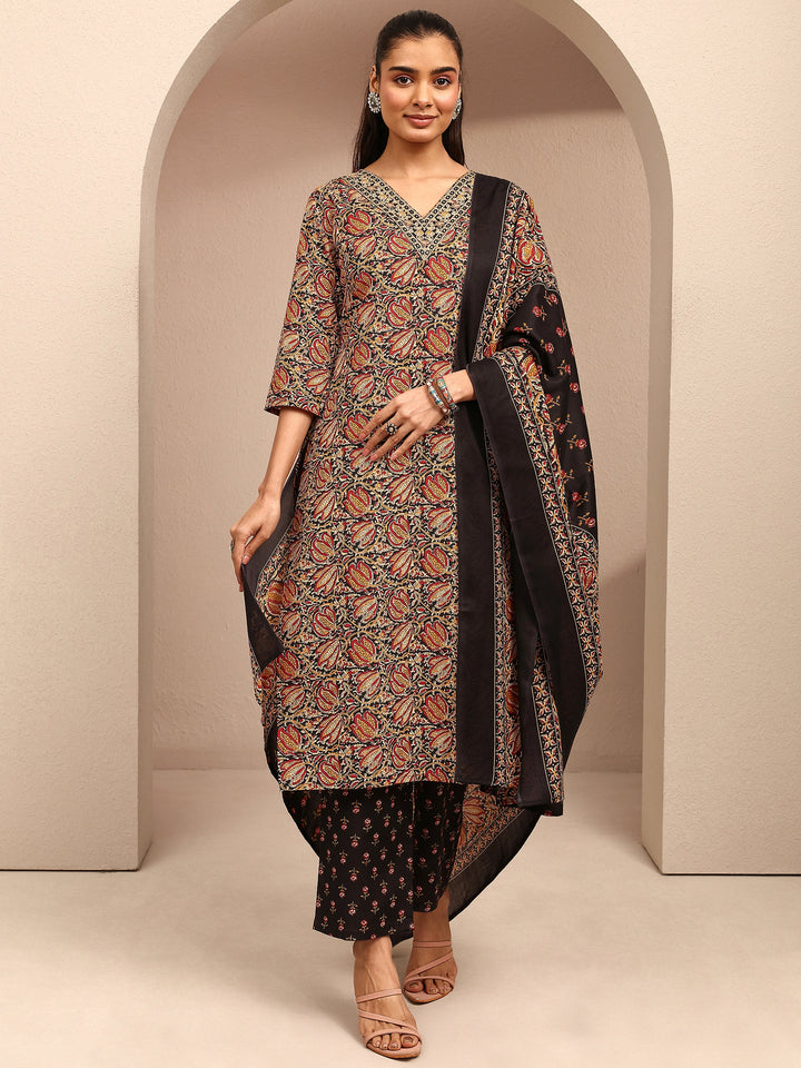 Black Printed Cotton Blend Straight Suit Set With Dupatta