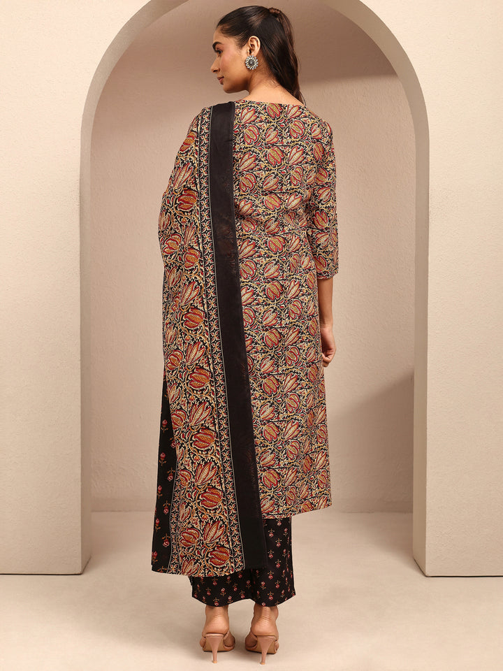 Black Printed Cotton Blend Straight Suit Set With Dupatta