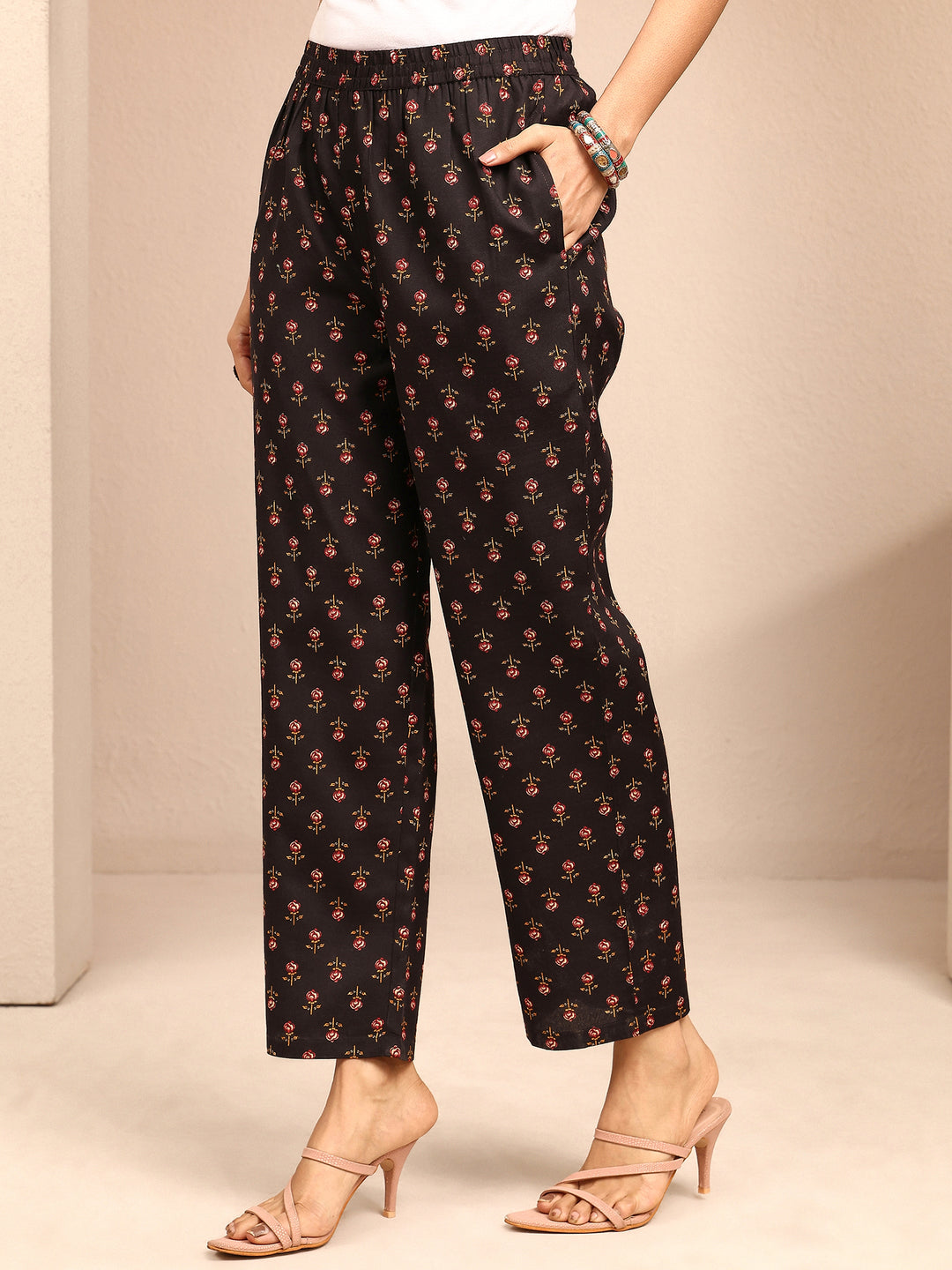 Black Printed Cotton Blend Straight Suit Set With Dupatta