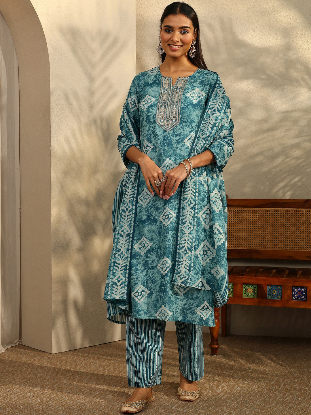 Blue Printed Cotton Blend Straight Suit Set With Dupatta
