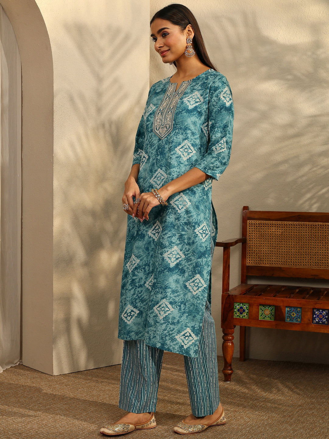 Blue Printed Cotton Blend Straight Suit Set With Dupatta