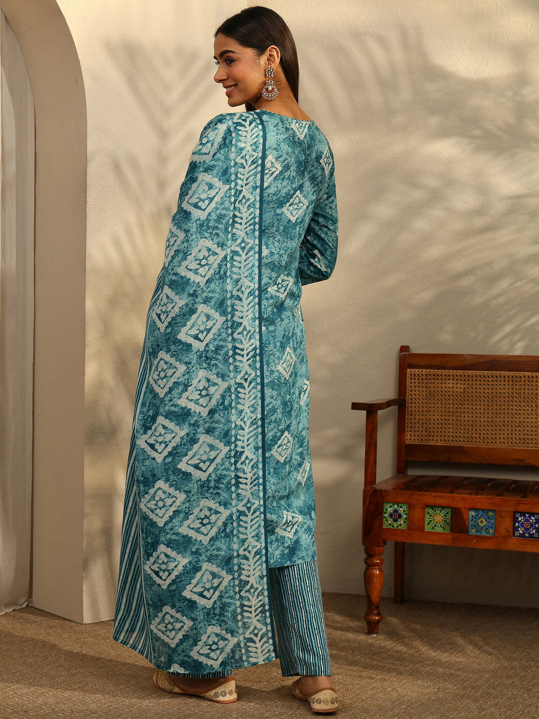 Blue Printed Cotton Blend Straight Suit Set With Dupatta