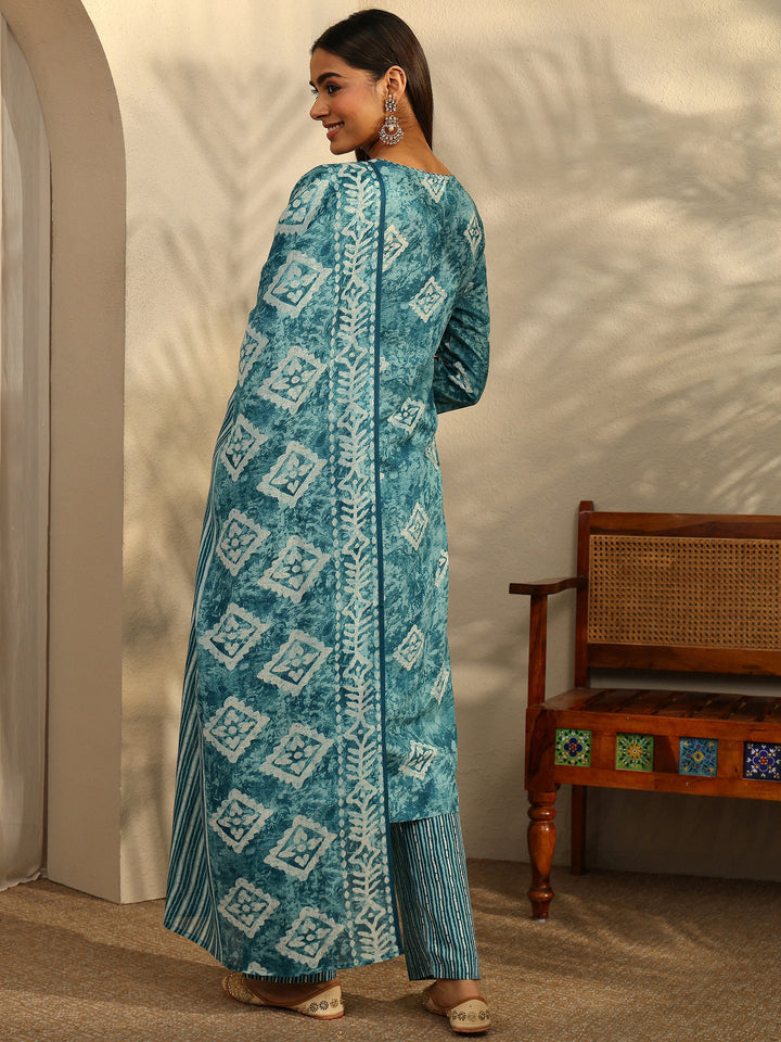 Blue Printed Cotton Blend Straight Suit Set With Dupatta