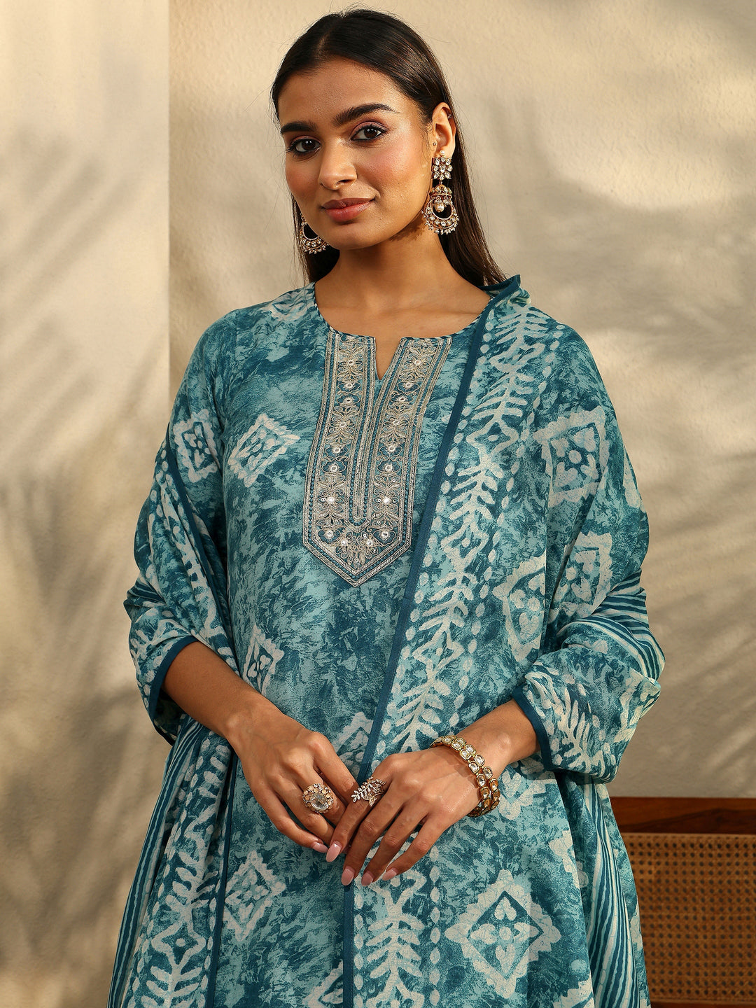 Blue Printed Cotton Blend Straight Suit Set With Dupatta