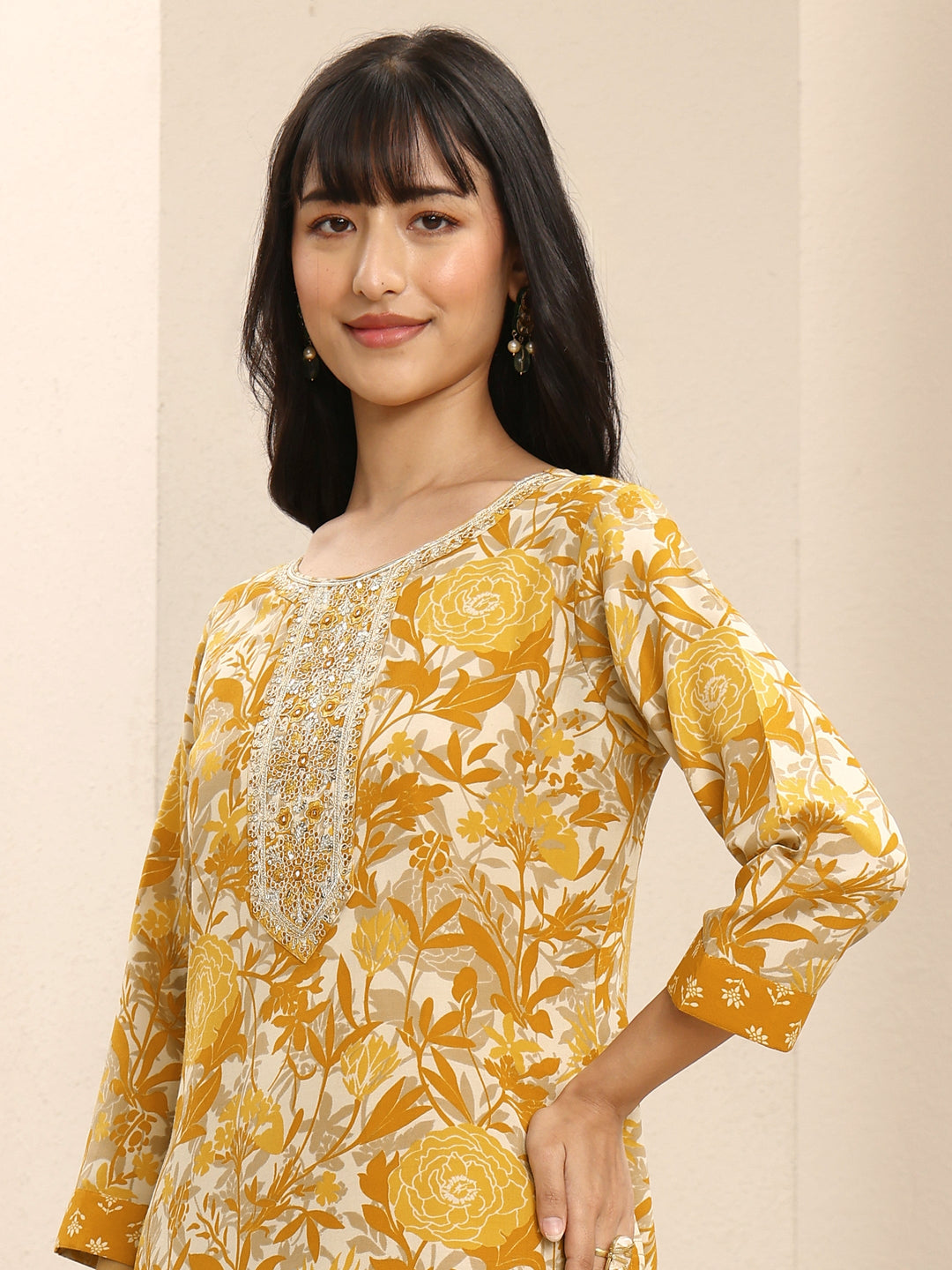 Mustard Floral Printed Cotton Blend Straight Suit Set With Dupatta