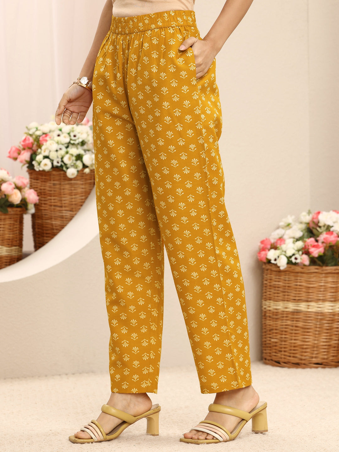 Mustard Floral Printed Cotton Blend Straight Suit Set With Dupatta