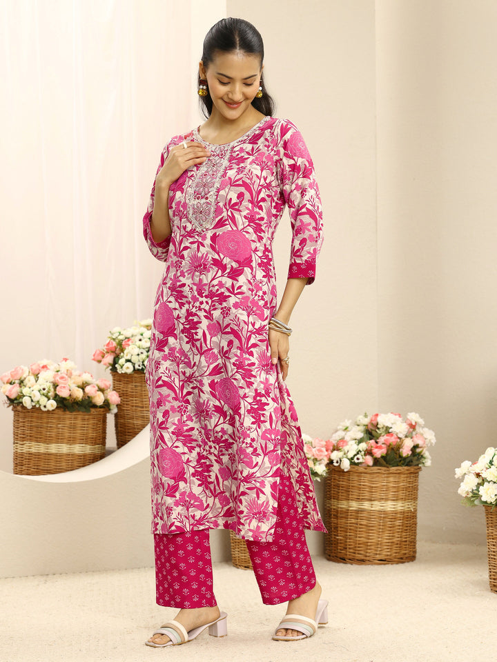 Pink Ethnic Motif Printed Cotton Blend Straight Suit Set With Dupatta