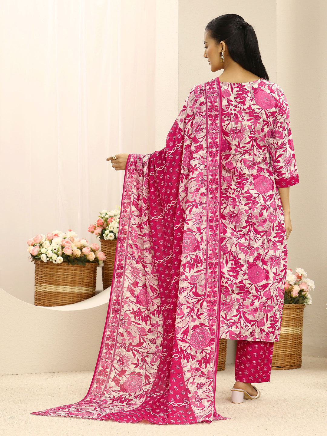 Pink Ethnic Motif Printed Cotton Blend Straight Suit Set With Dupatta