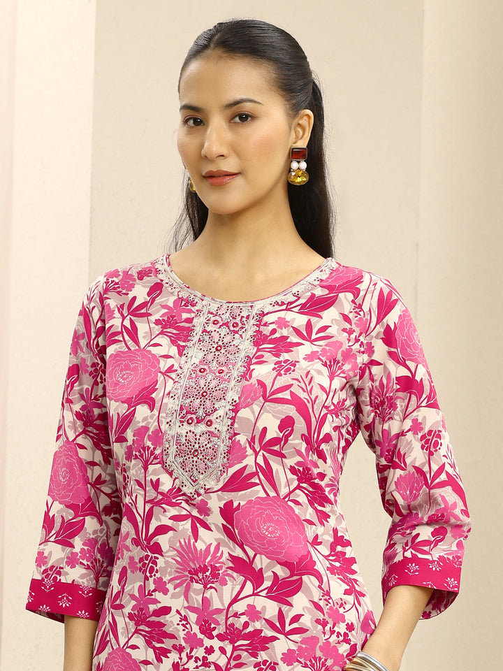 Pink Ethnic Motif Printed Cotton Blend Straight Suit Set With Dupatta