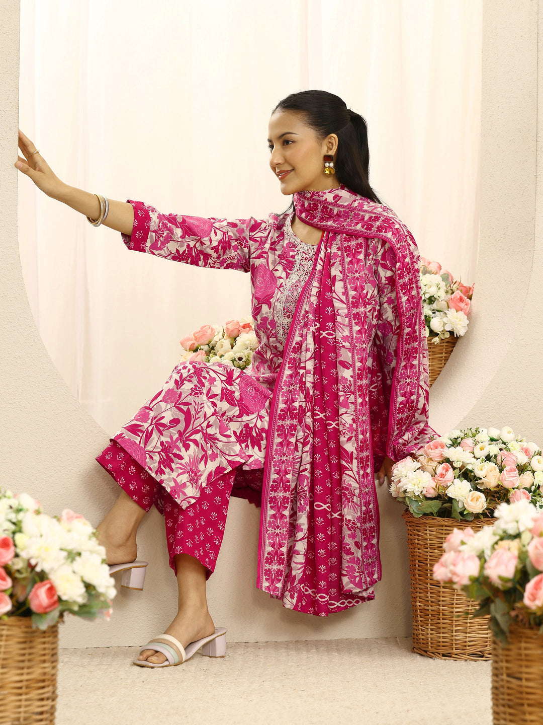 Pink Ethnic Motif Printed Cotton Blend Straight Suit Set With Dupatta