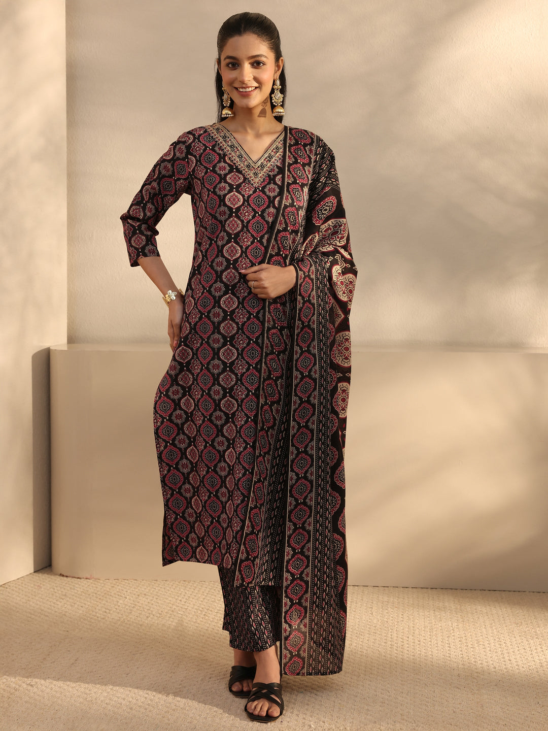Black Ethnic Printed Cotton Blend Straight Suit Set With Dupatta