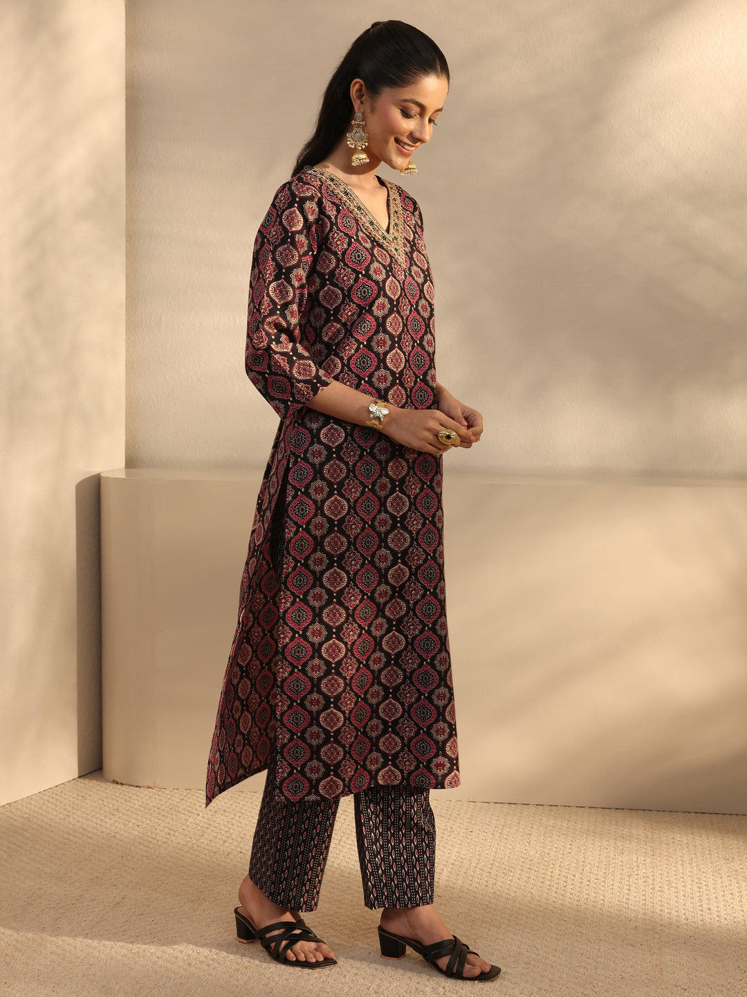 Black Ethnic Printed Cotton Blend Straight Suit Set With Dupatta