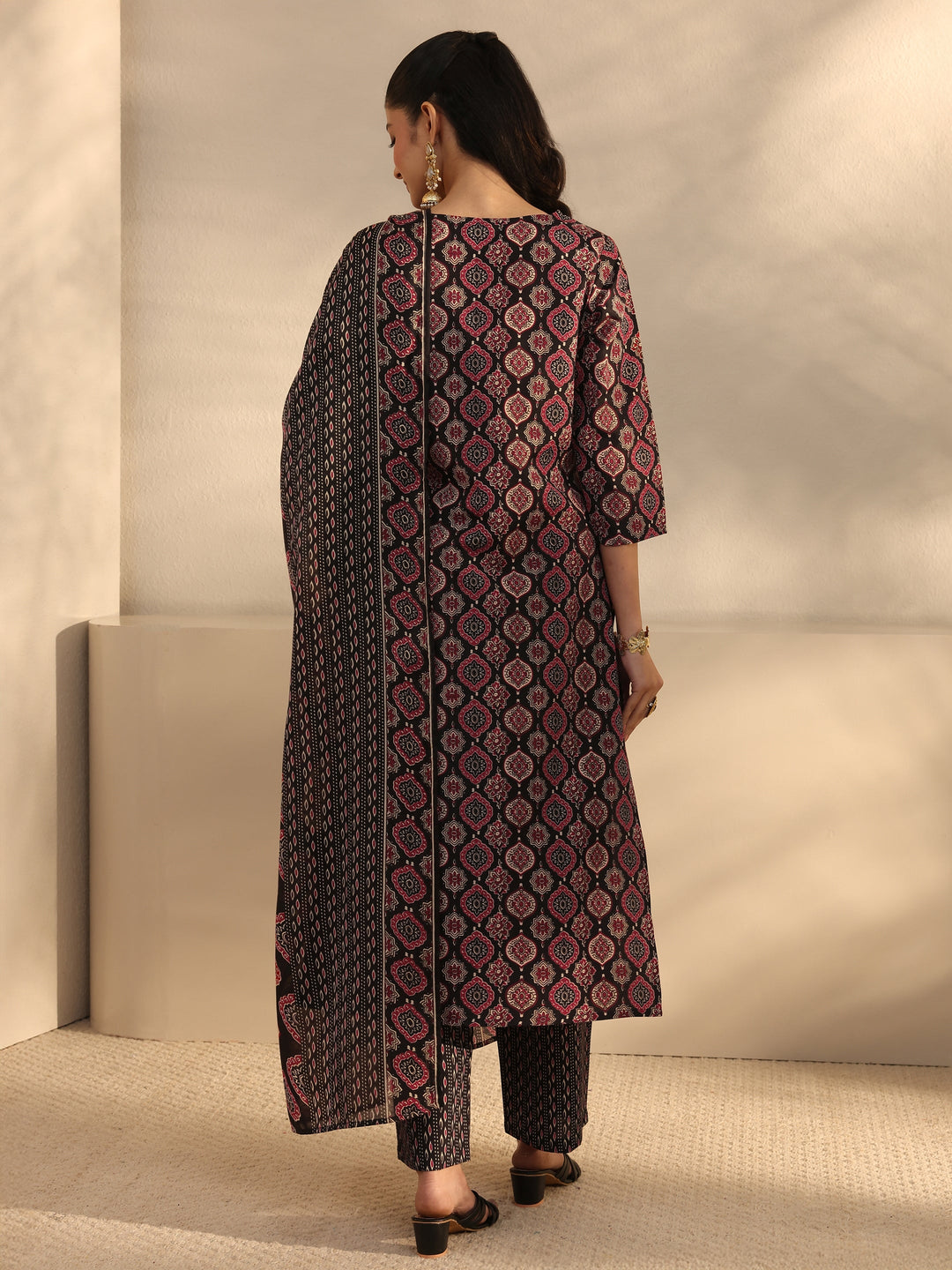 Black Ethnic Printed Cotton Blend Straight Suit Set With Dupatta