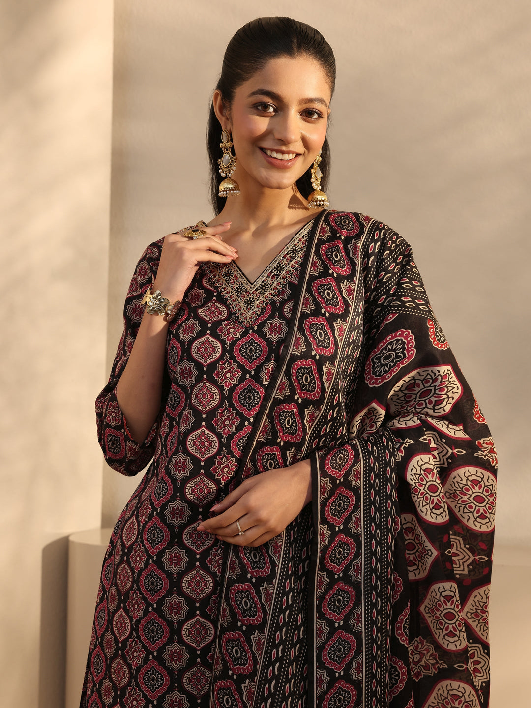 Black Ethnic Printed Cotton Blend Straight Suit Set With Dupatta