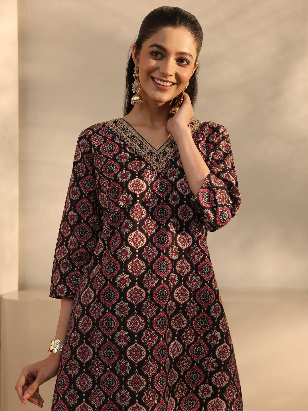 Black Ethnic Printed Cotton Blend Straight Suit Set With Dupatta