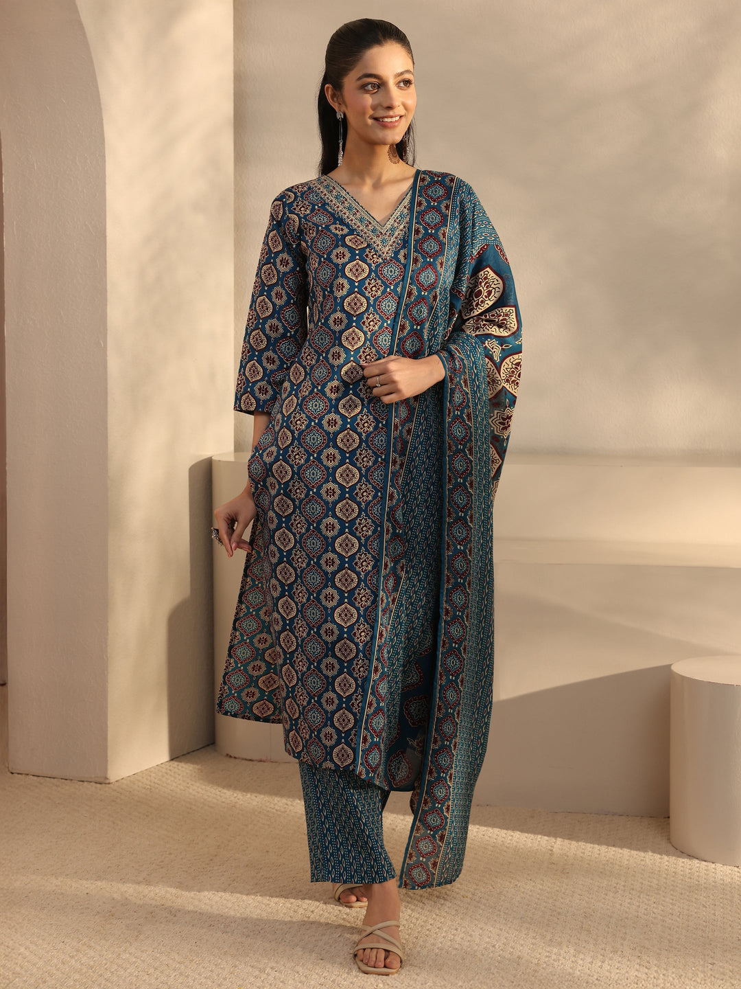 Blue Ethnic Printed Cotton Blend Straight Suit Set With Dupatta