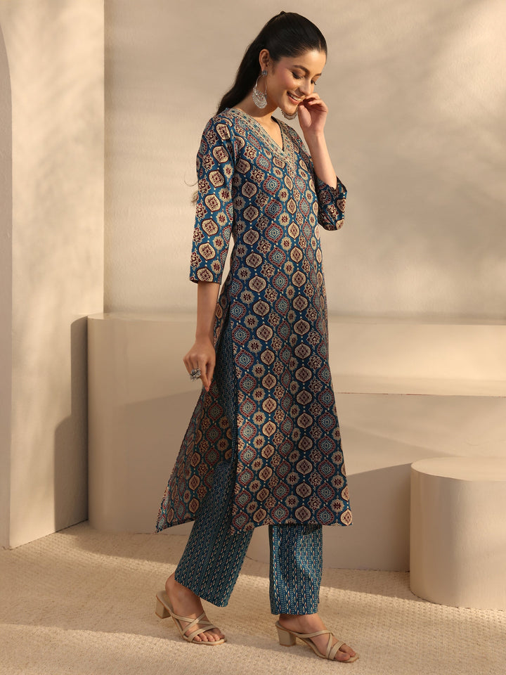 Blue Ethnic Printed Cotton Blend Straight Suit Set With Dupatta