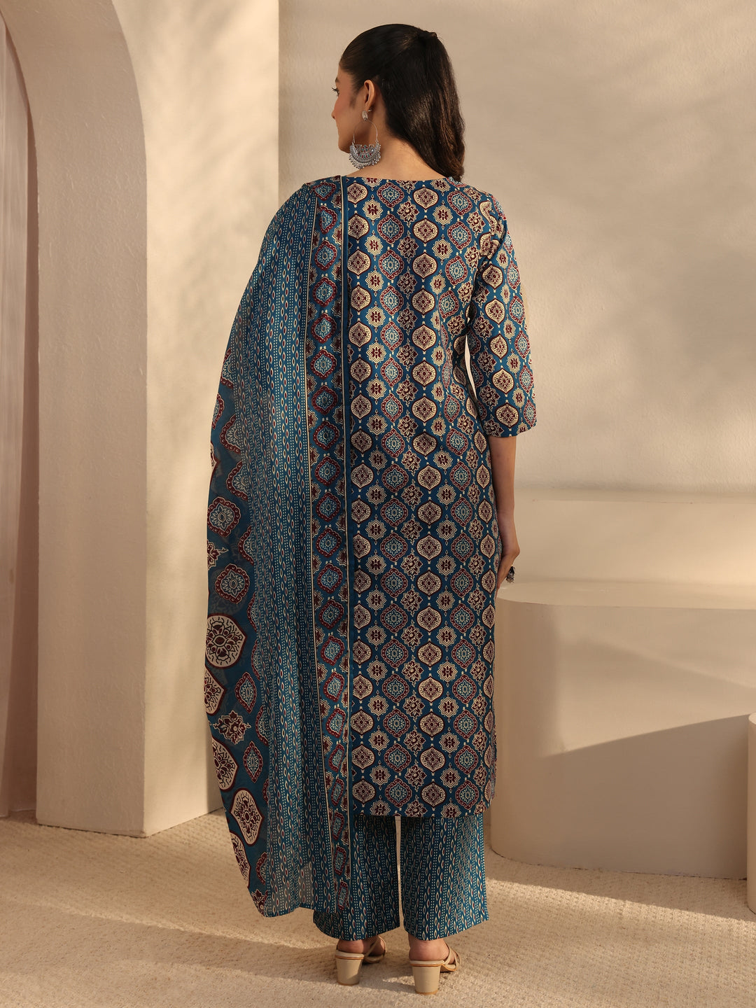 Blue Ethnic Printed Cotton Blend Straight Suit Set With Dupatta