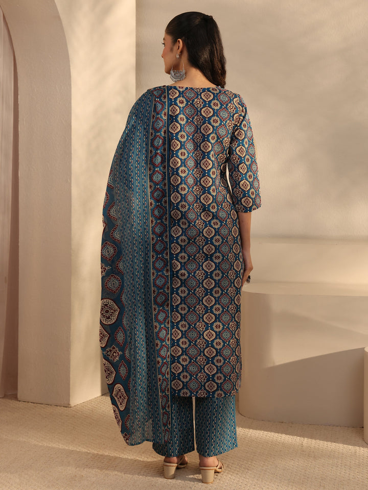 Blue Ethnic Printed Cotton Blend Straight Suit Set With Dupatta