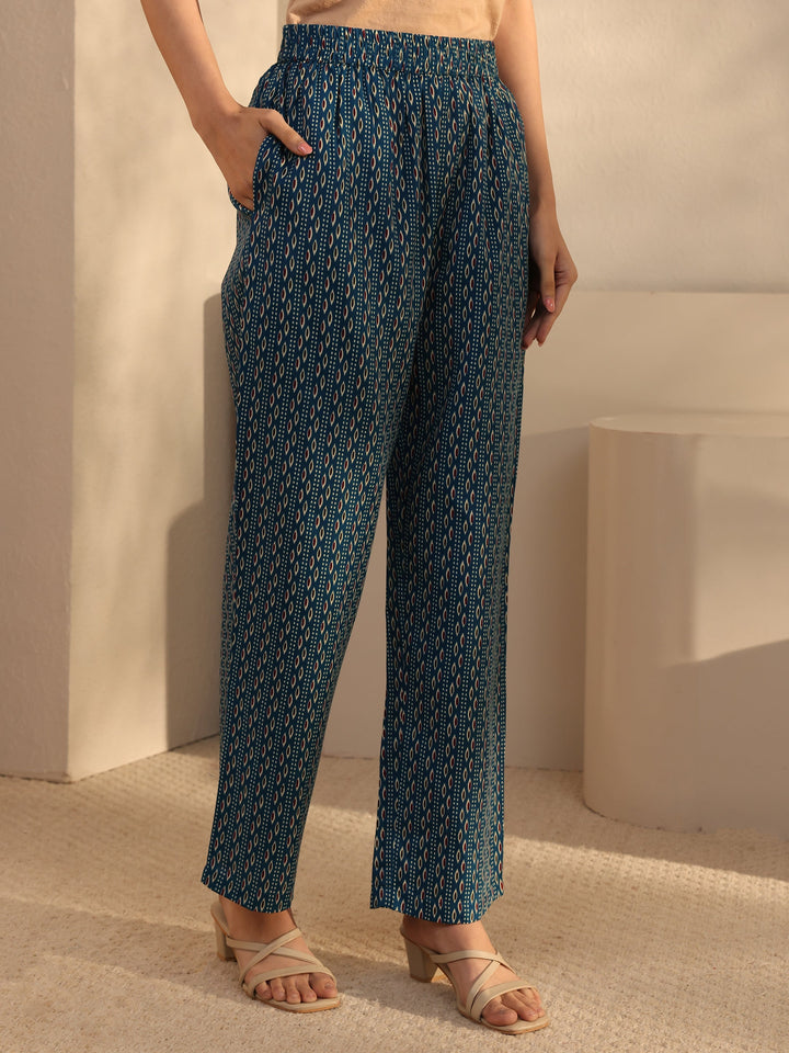 Blue Ethnic Printed Cotton Blend Straight Suit Set With Dupatta