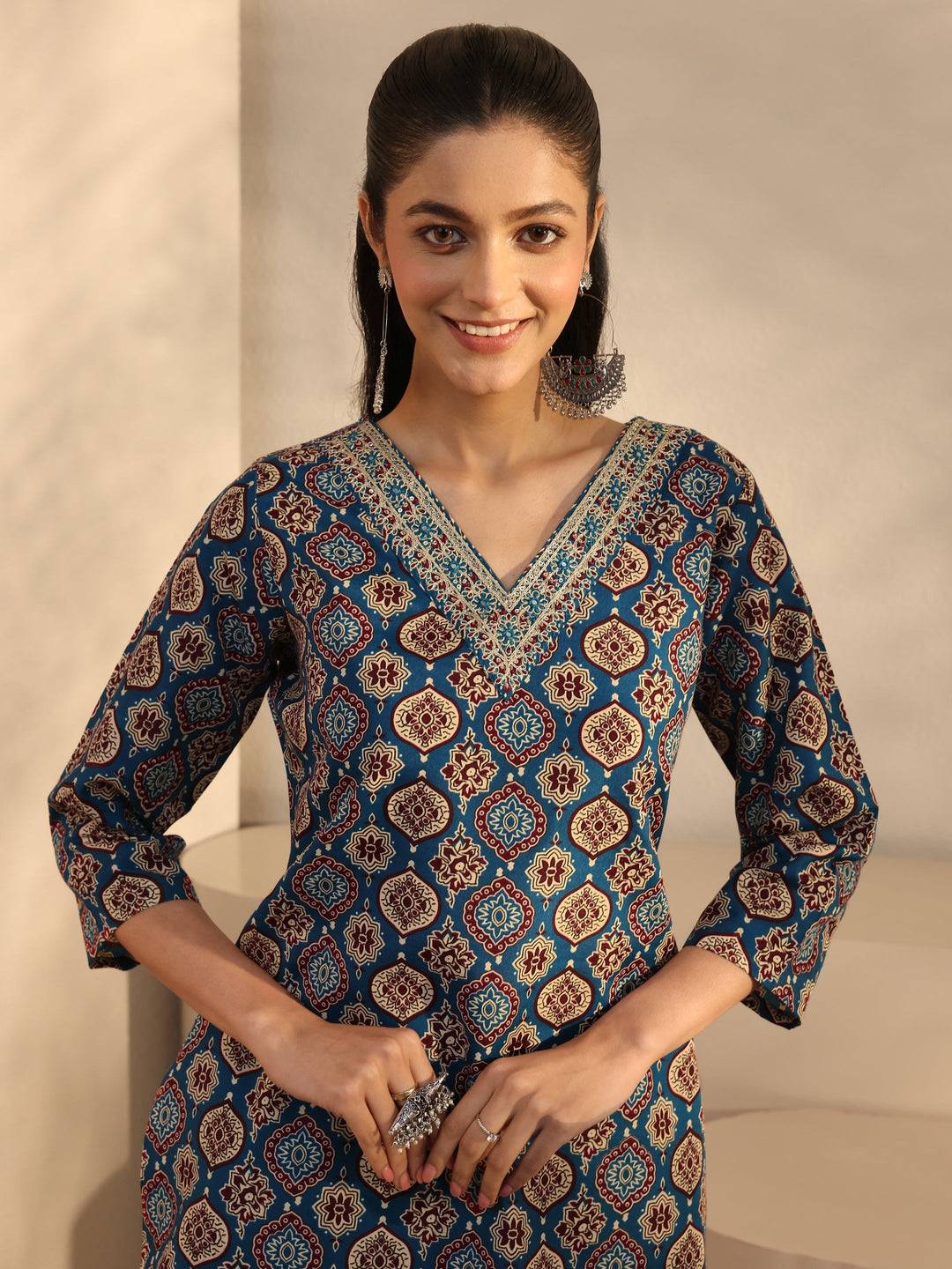 Blue Ethnic Printed Cotton Blend Straight Suit Set With Dupatta