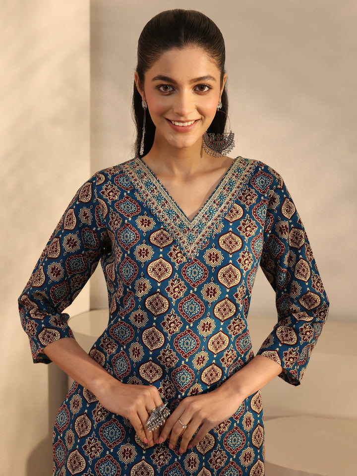 Blue Ethnic Printed Cotton Blend Straight Suit Set With Dupatta