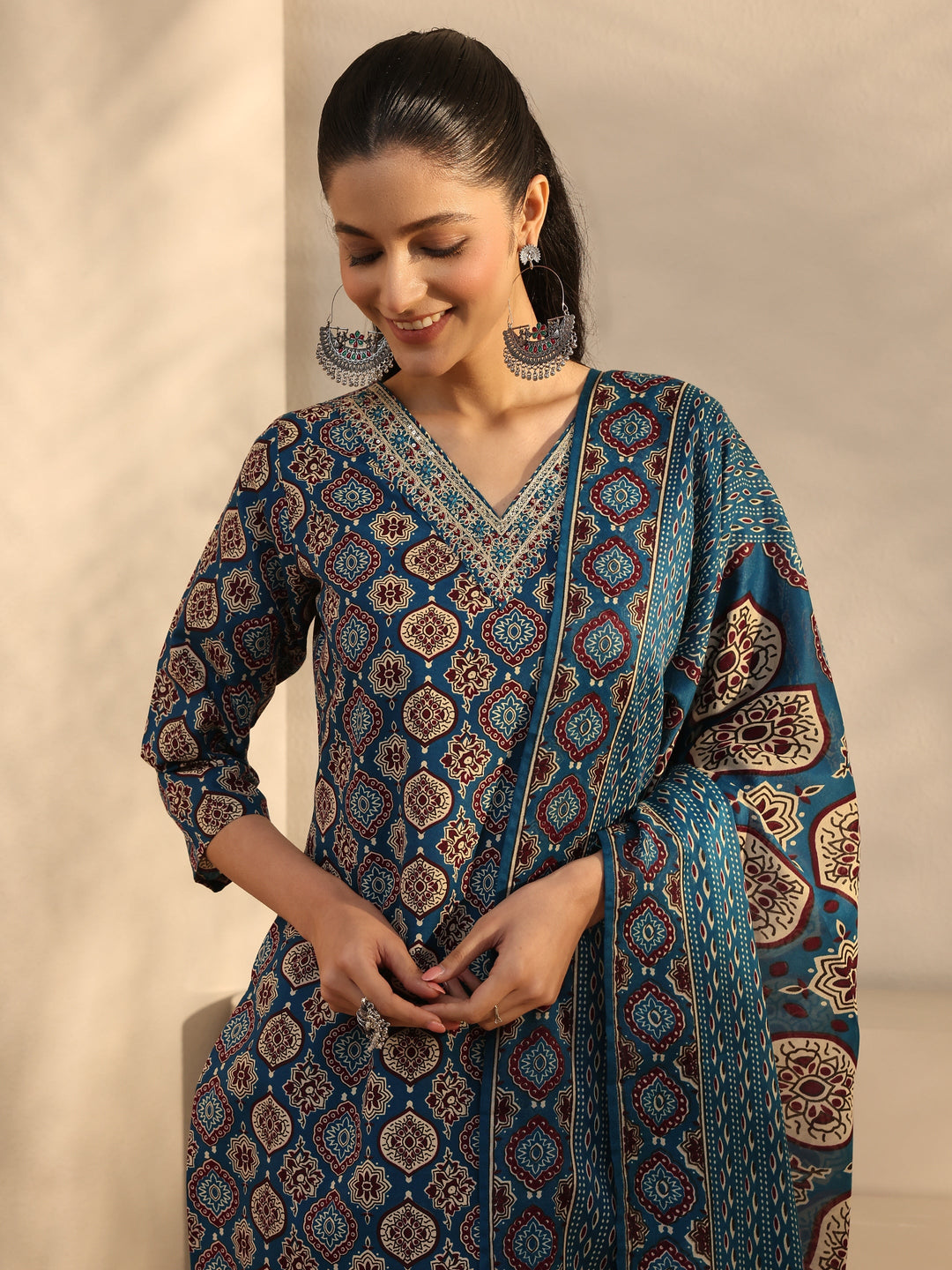 Blue Ethnic Printed Cotton Blend Straight Suit Set With Dupatta
