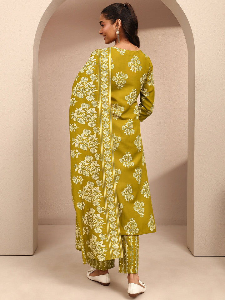 Green Printed Cotton Blend Straight Suit Set With Dupatta