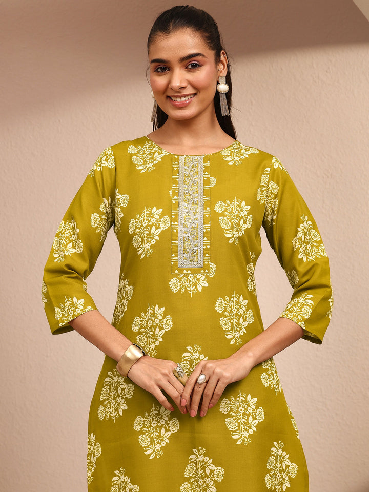 Green Printed Cotton Blend Straight Suit Set With Dupatta