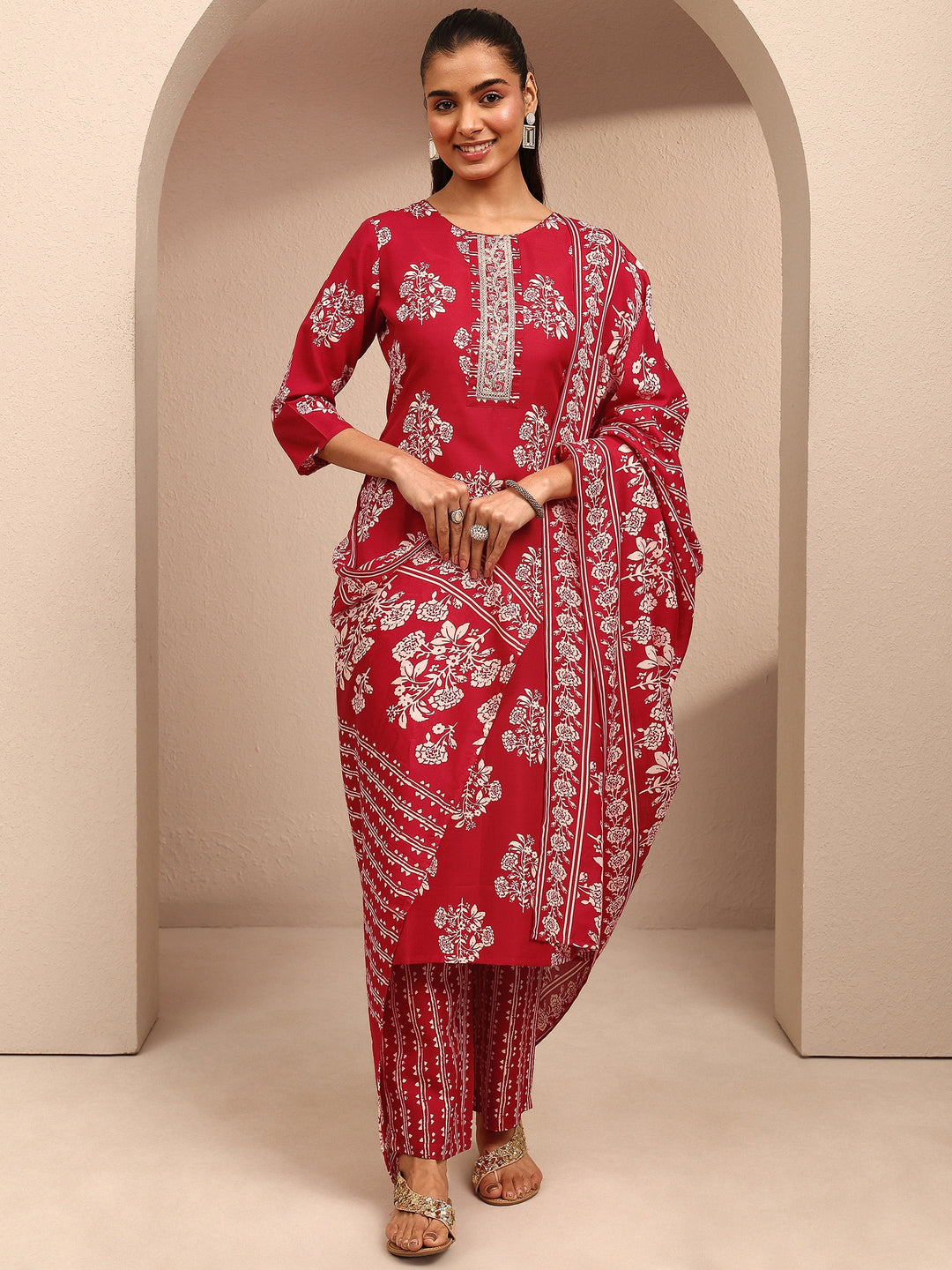 Red Printed Cotton Blend Straight Suit Set With Dupatta