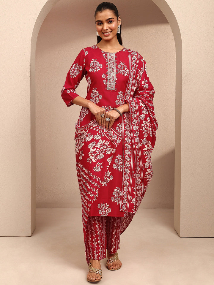 Red Printed Cotton Blend Straight Suit Set With Dupatta