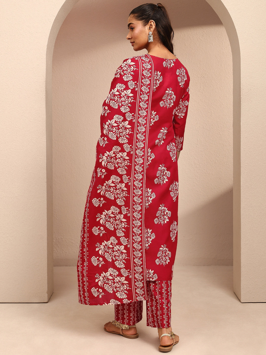 Red Printed Cotton Blend Straight Suit Set With Dupatta