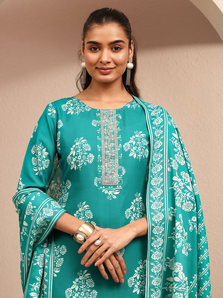 Blue Printed Cotton Blend Straight Suit Set With Dupatta