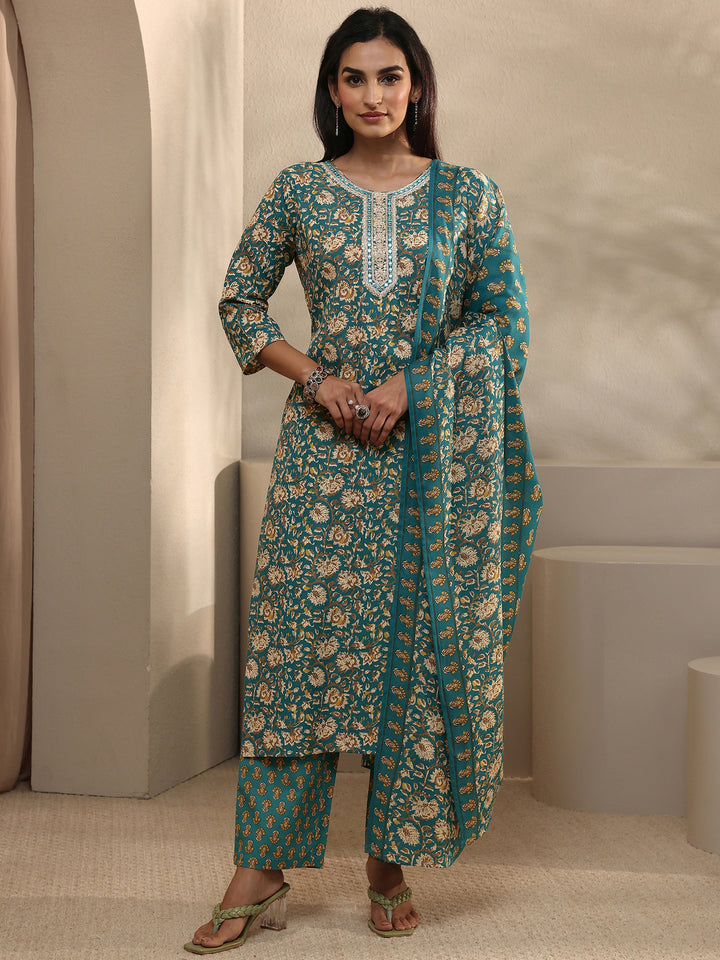 Blue Abstract Printed Cotton Blend Straight Suit Set With Dupatta