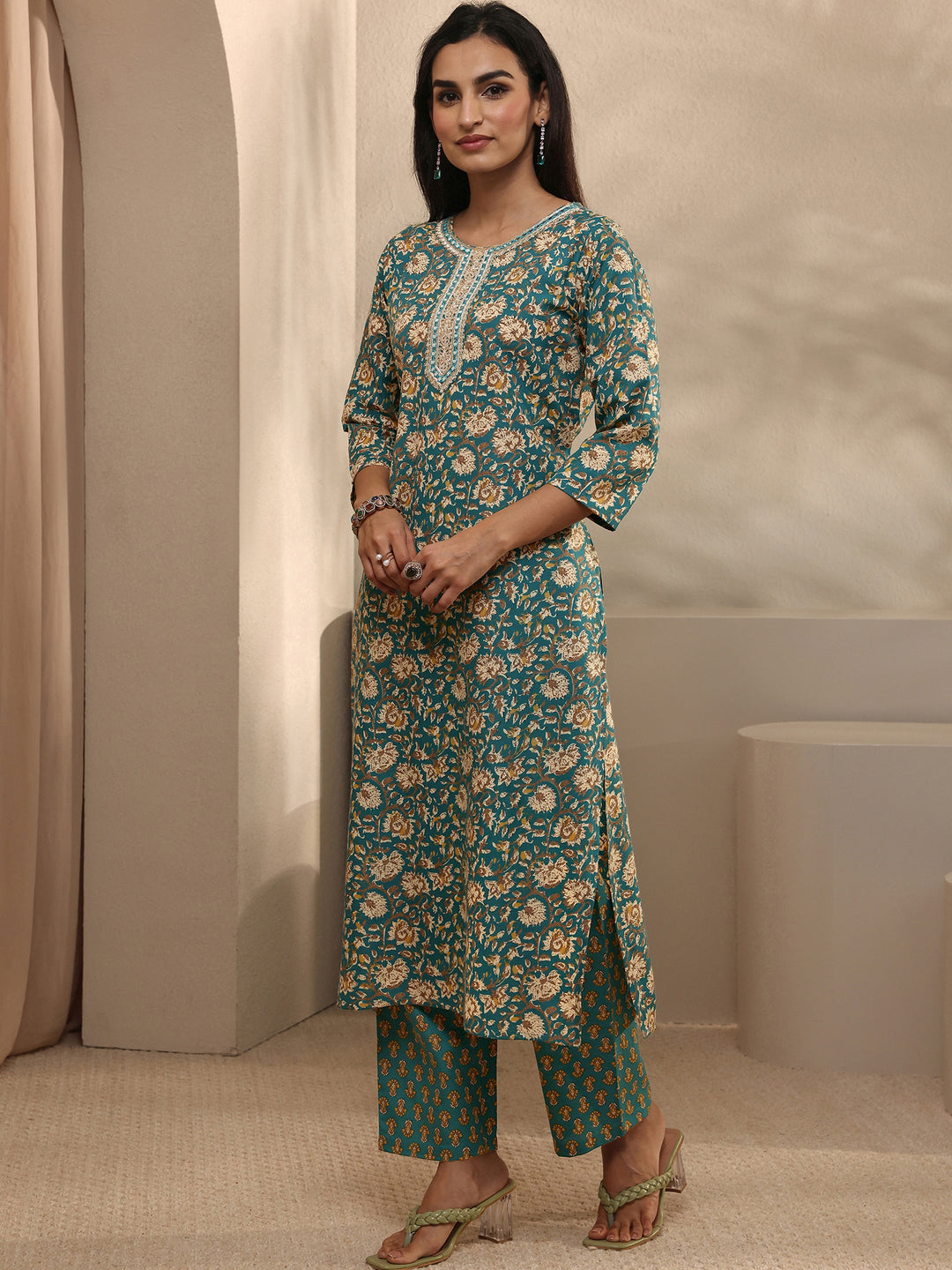 Blue Abstract Printed Cotton Blend Straight Suit Set With Dupatta