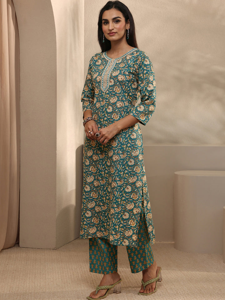 Blue Abstract Printed Cotton Blend Straight Suit Set With Dupatta