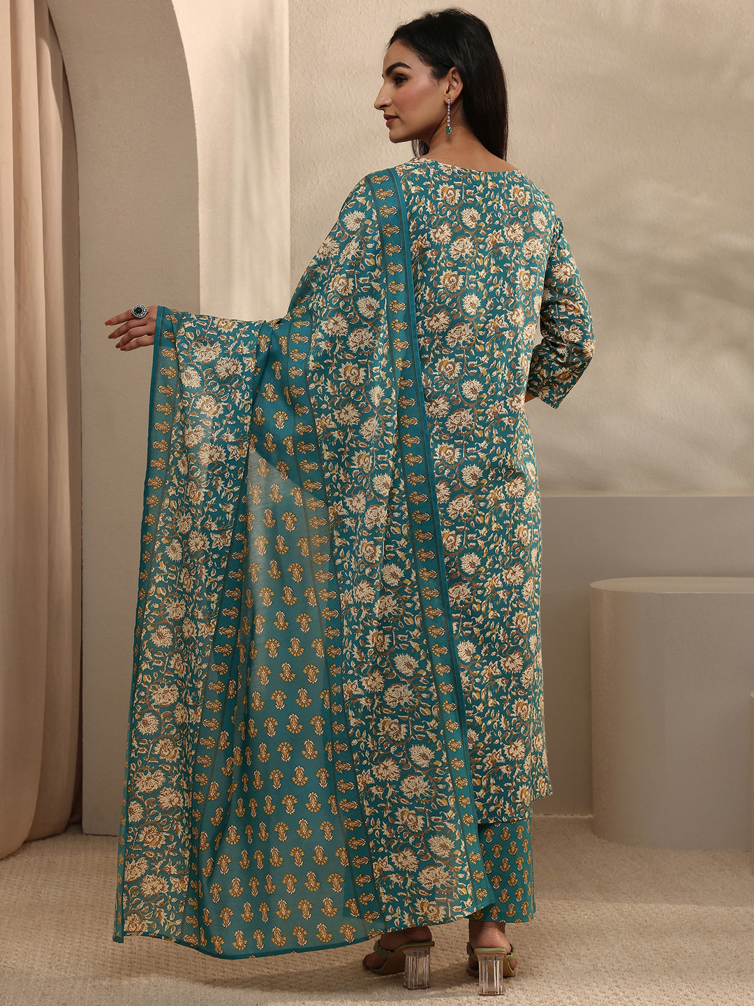 Blue Abstract Printed Cotton Blend Straight Suit Set With Dupatta