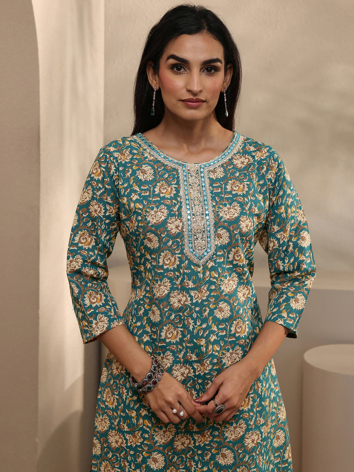 Blue Abstract Printed Cotton Blend Straight Suit Set With Dupatta