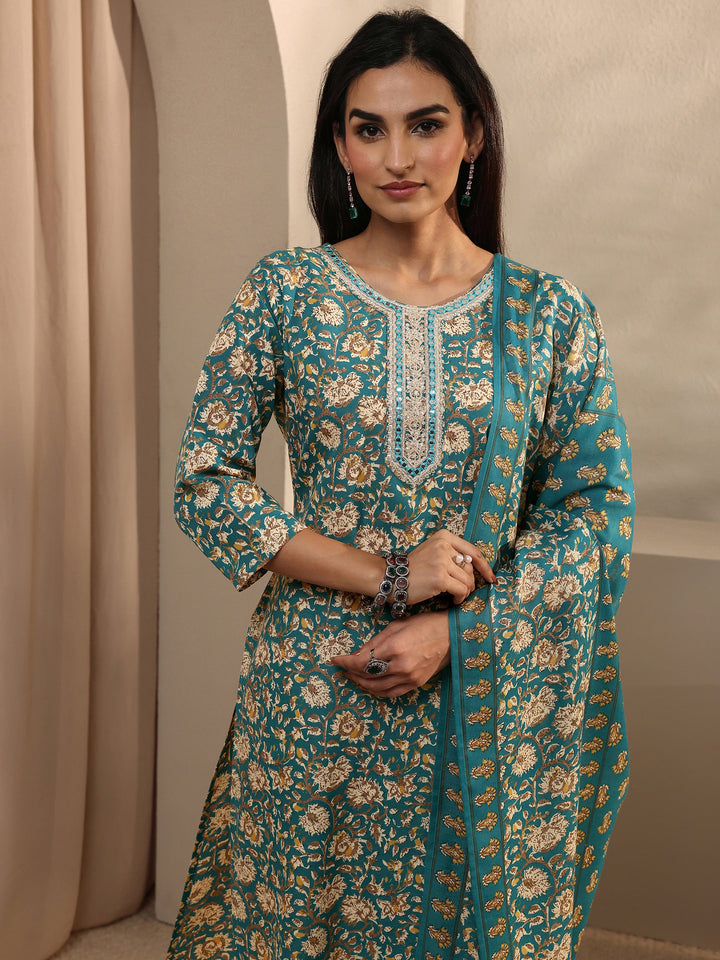 Blue Abstract Printed Cotton Blend Straight Suit Set With Dupatta