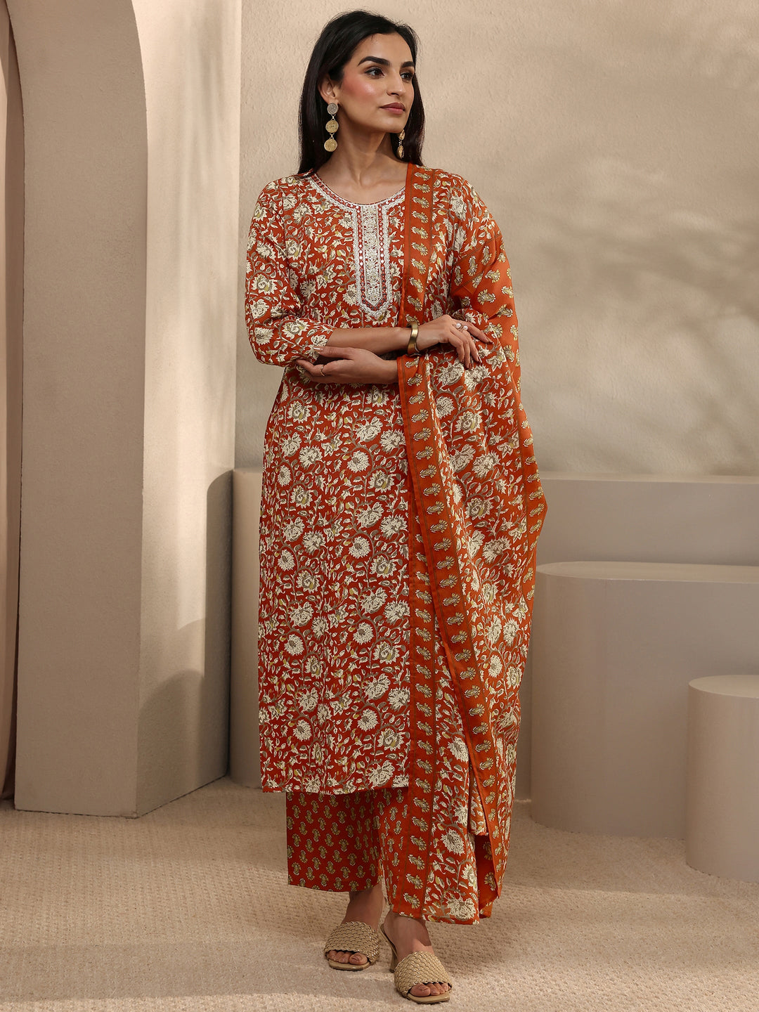 Orange Abstract Printed Cotton Blend Straight Suit Set With Dupatta