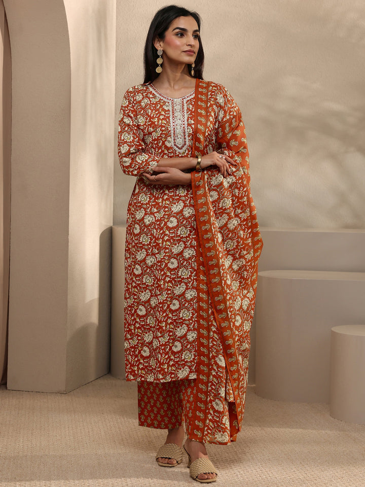 Orange Abstract Printed Cotton Blend Straight Suit Set With Dupatta