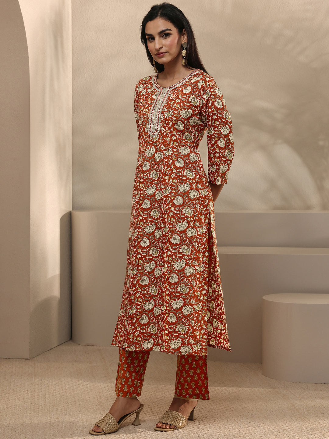 Orange Abstract Printed Cotton Blend Straight Suit Set With Dupatta