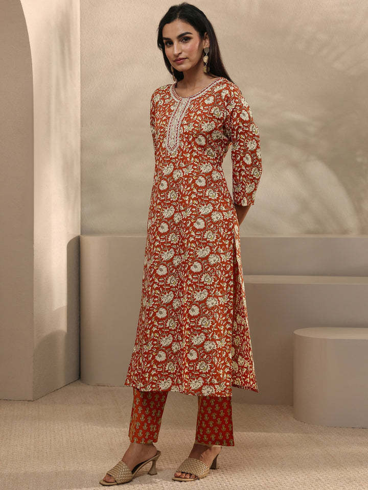 Orange Abstract Printed Cotton Blend Straight Suit Set With Dupatta