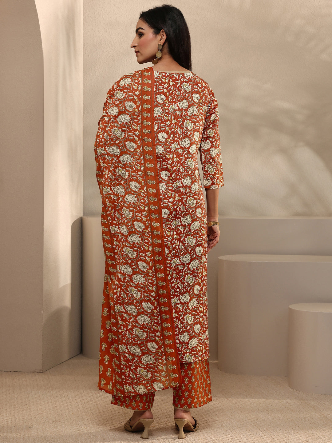 Orange Abstract Printed Cotton Blend Straight Suit Set With Dupatta