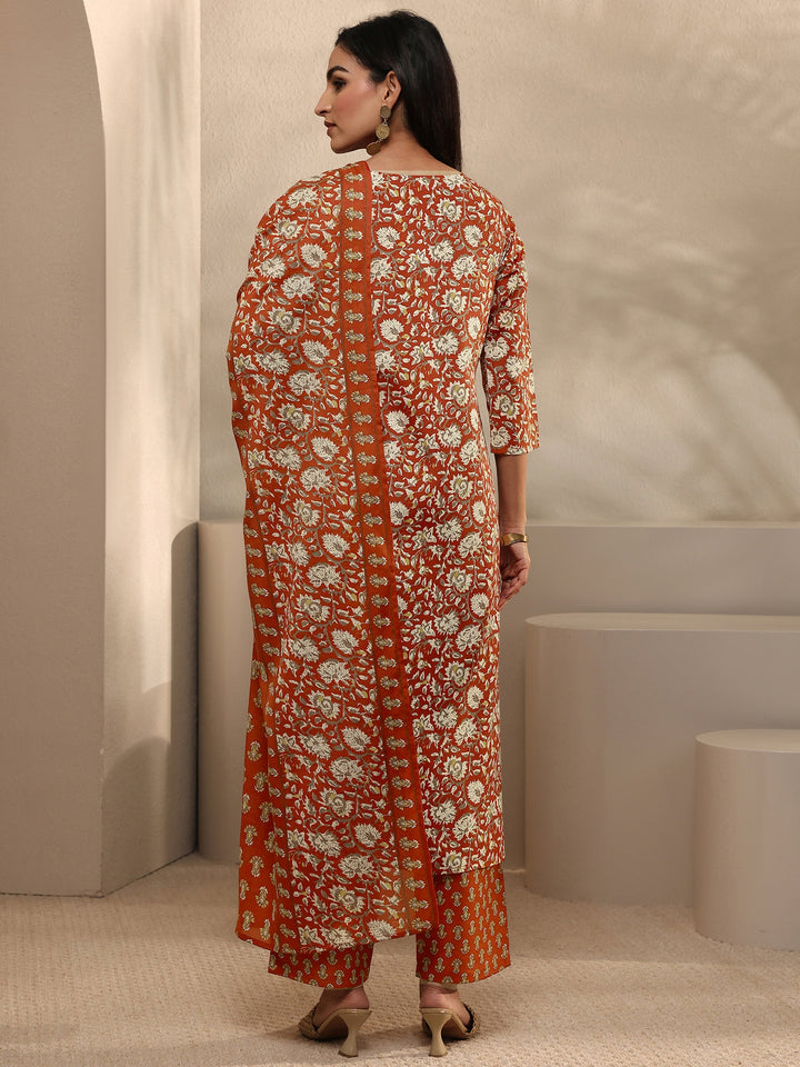 Orange Abstract Printed Cotton Blend Straight Suit Set With Dupatta
