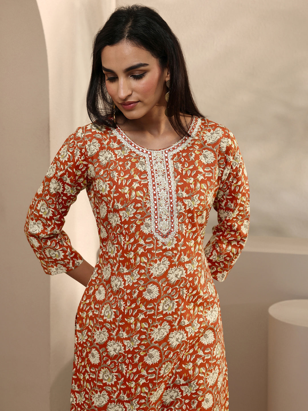 Orange Abstract Printed Cotton Blend Straight Suit Set With Dupatta