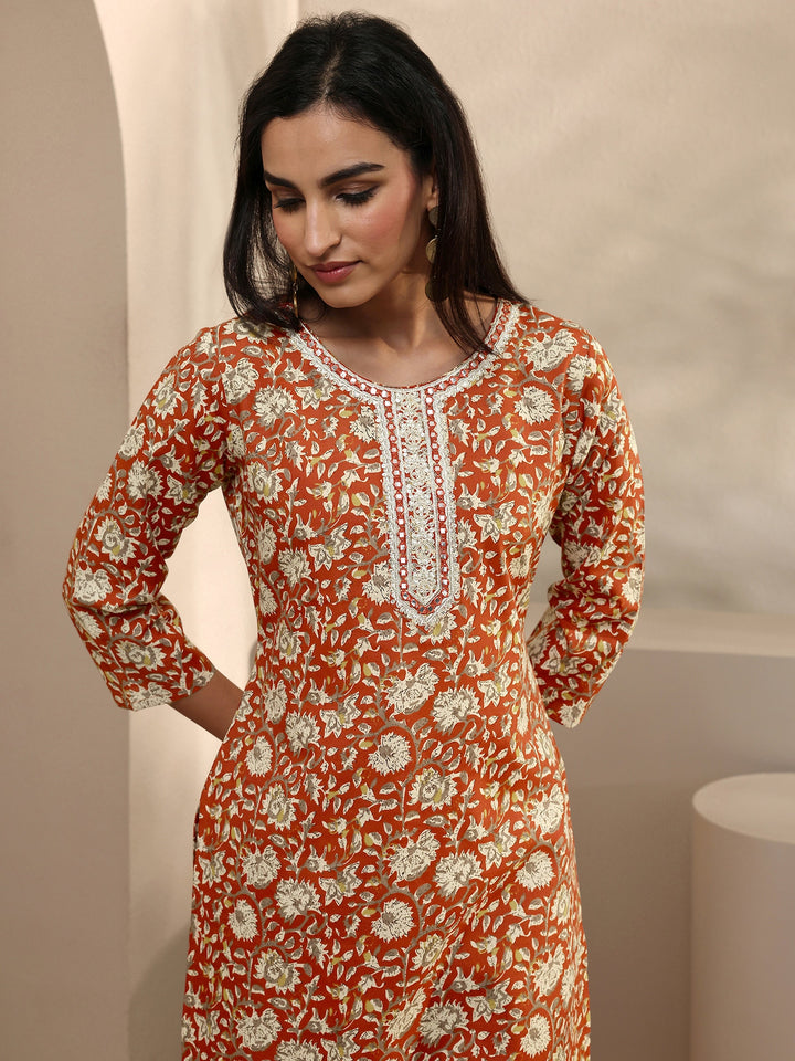 Orange Abstract Printed Cotton Blend Straight Suit Set With Dupatta