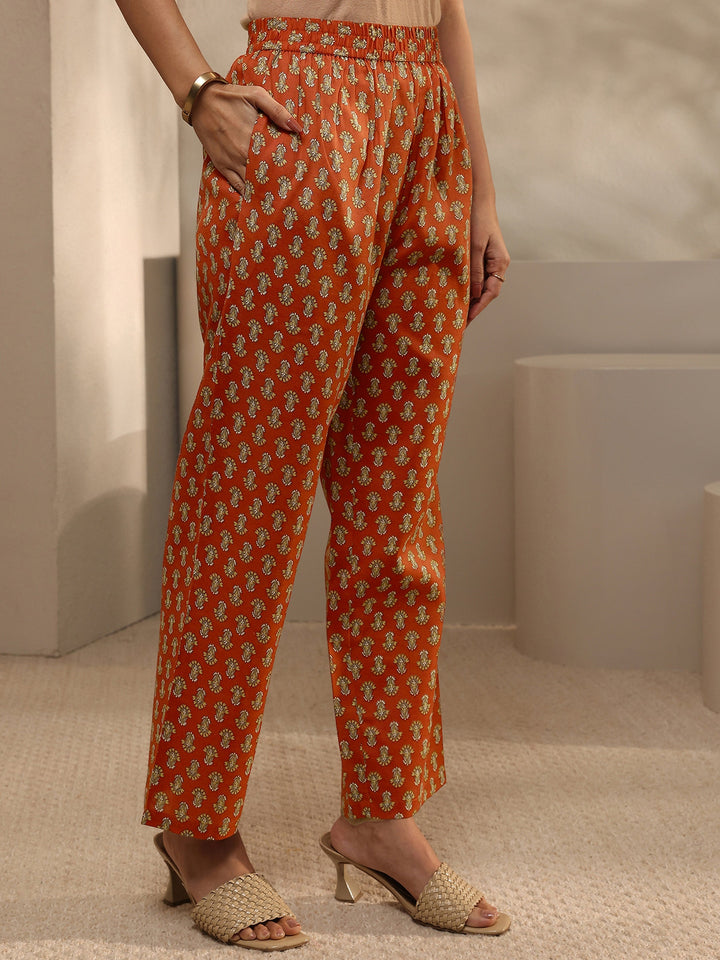 Orange Abstract Printed Cotton Blend Straight Suit Set With Dupatta